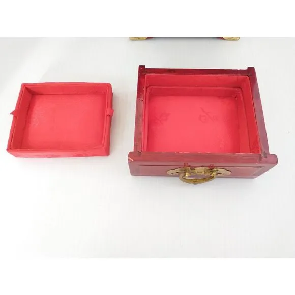 Vintage Chinese Rosewood Jewelry Box Ornate Brass Jade Inlay